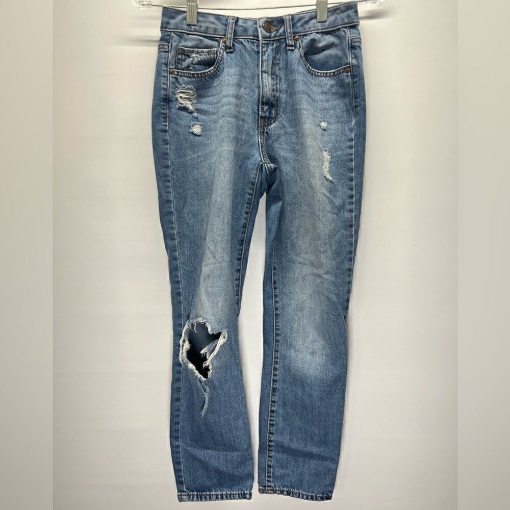 RSQ Mom Jean Blue Wash Distressed Straight Jeans Womens 3/W26
